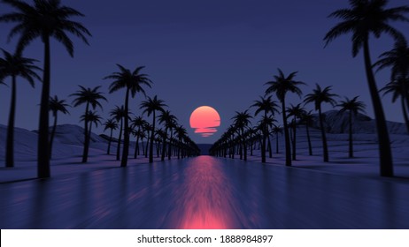 Sunset drive on tropical ocean coast road. Pink colored sun light reflection. Palm tree silhouettes along highway. Mountains on skyline. Countryside evening trip. Retro wave 3D Render Illustration