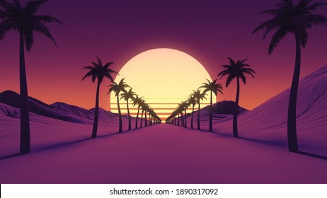 Sunset drive on tropical ocean coast road. Pink colored sun light reflection. Palm tree silhouettes along the highway. Mountains on skyline. Countryside trip. Retro wave style 3D Render illustration