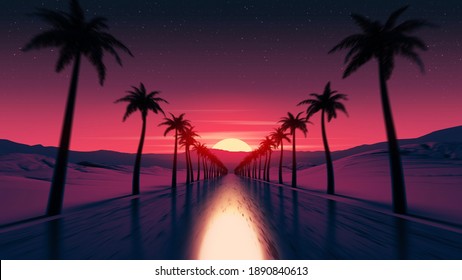 Sunset Drive On Tropical Ocean Coast Road. Pink Colored Sun Light Reflection. Palm Tree Silhouettes Along The Highway. Mountains On Skyline. Countryside Trip. Retro Wave Style 3D Render Illustration