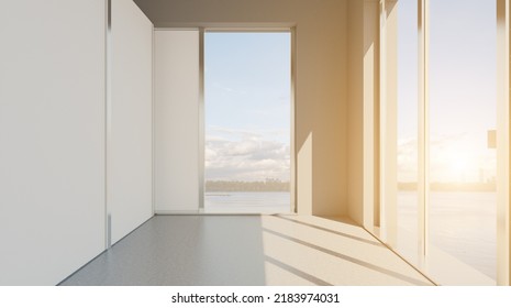 Sunset.. Elegant office interior. Mixed media. 3D rendering.
