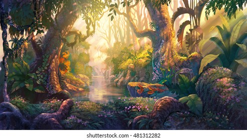 Sunset in fantasy forest painting