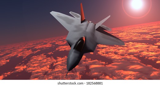 Sunset Fire F22 Fighter Jet - An F-22 Fighter Jet Flies At An Altitude Above The Cloud Layer On Its Mission.