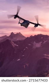 Sunset flight over rugged mountains with a twin-rotor aircraft; dramatic sky and remote landscape. 3d rendering Airplane. Background from BC, Canada Landscape