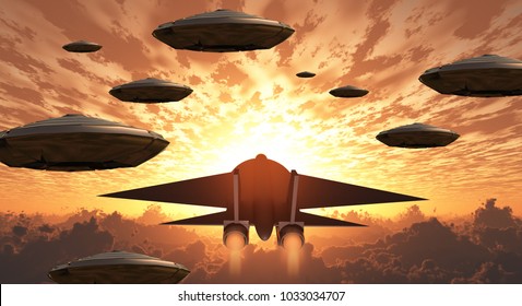 Sunset. Flying Saucers And Jet Plane Together. 3D Rendering