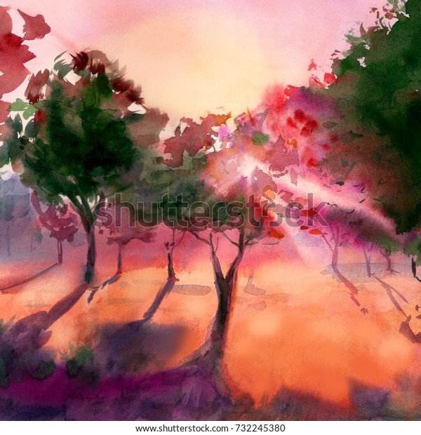 Sunset Forest Landscape Shadows Watercolor Painting Stock