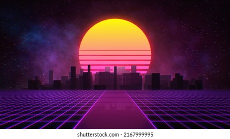 Sunset, Grid, And City 80s Retrowave Background