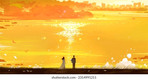 Sunset landscape background in sea beach with couple - Powered by Shutterstock