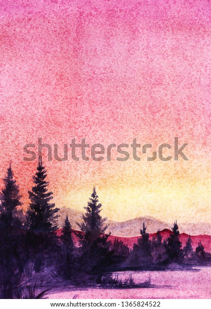 Sunset Landscape Sea Transparent Mountains Dark Stock Illustration 1365824522
