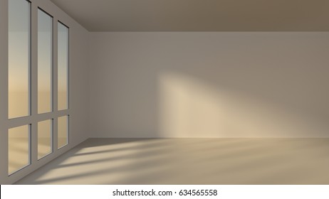 Sunset light in a empty room with windows. 3D rendering
