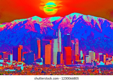 Sunset In Los Angeles Illustration With A Maxfield Parrish Painting Filter.