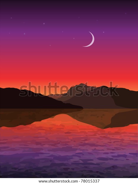 sunset with moon and
stars on the lake