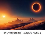 sunset in the mountains of alien planet, 3d rendering and digital painting, concept illustration