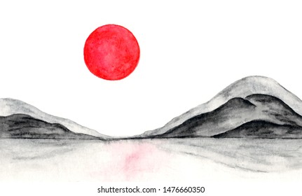 Sunset mountains landscape traditional Japanese ink wash painting sumi-e. Islands in water, red sun Japan symbol. Black ink painting. Japanese landscape of island mountains, sun, water reflections.