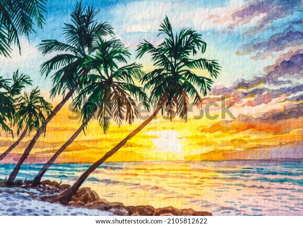 Sunset. Ocean beach with palm trees. Colored sky with clouds. Spring break or Summer vacations in Florida. Beautiful Seascape. Watercolor painting. Acrylic drawing art. A piece of art. 