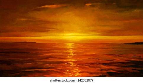 sunset on the sea, painting by oil on canvas,  illustration