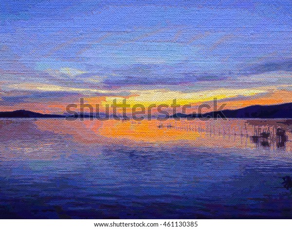 Sunset Over Lake Reflection Colorful Cloud Stock Illustration