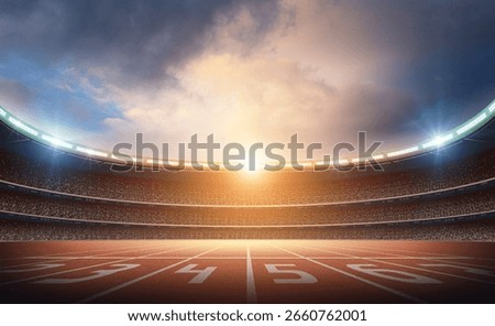 Sunset Over Olympic Stadium Track with Full Crowd, 3d rendering
