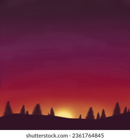 Sunset Over Pine Trees Digital Art Background