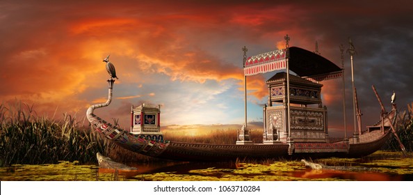 Sunset over river with egyptian funerary boat. 3D illustration.