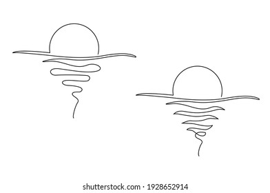 Sunset over the sea. Single continuous line drawing illustration. Isolated on white background