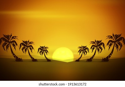 sunset with palm trees on the beach Abstract background. New Sunset wallpaper