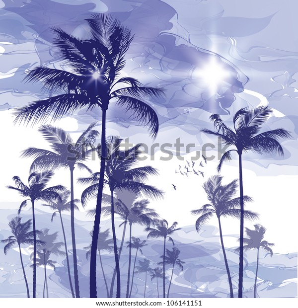 Sunset Palm Trees Raster Version Stock Illustration 106141151 ...