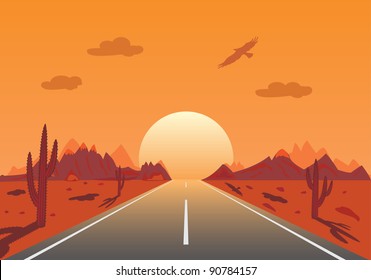 Long Desert Road Cactus Plants Hills Stock Vector (Royalty Free ...