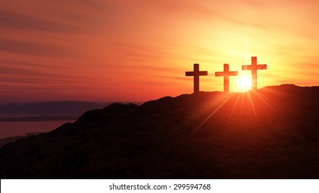sunset scene - three crosses on an hill - Shutterstock ID 299594768