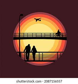 Sunset Sillhouette People In Bridge Illustration