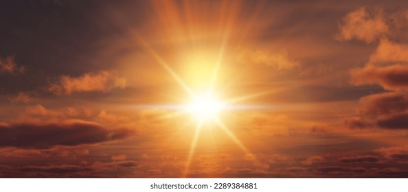 Sunset, sunrise with clouds, light rays and other atmospheric effect, 3d illustration