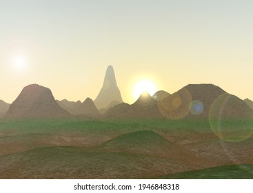 A sunset  synthetic landscape with a high peak in the background. 3d illustration