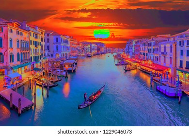 Sunset In Venice Illustration With A Maxfield Parrish Painting Filter. 