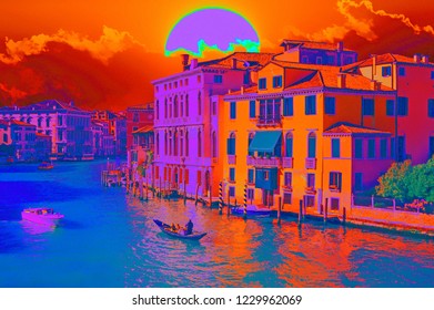 Sunset In Venice Illustration With A Maxfield Parrish Painting Filter.