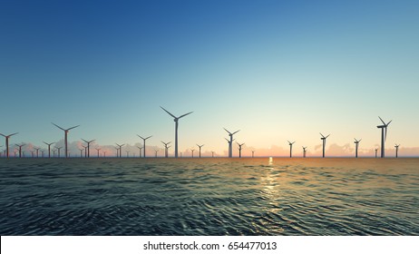 Sunset Wind Turbines on blue sea 3D render