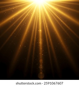 Sunshine Light Effect with Copy Space. Gold Warm Sun Rays with Transparency. Realistic Holy Sunlight with Beams, Glow, Flare, Solar Dust. Magic Sunbeams. Realistic Sunset or Sunrise.