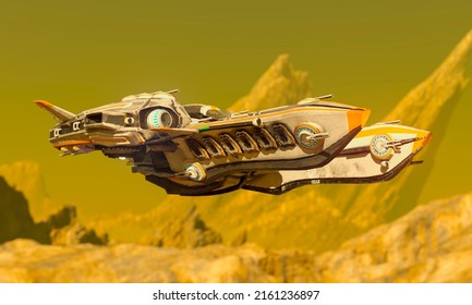 super alien spaceship is passing by the rocks on the green sky of mars, 3d illustration