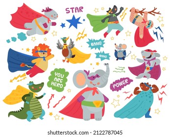 Super Animals Characters. Cute Child Heroes, Superman Mask On Crocodile Lion. Happy Cartoon Shark Wear Cape, Flying Hippo Decent Set