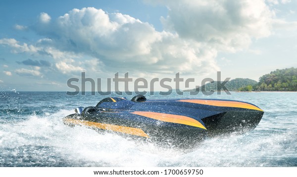 Super boat\
speed racing. Render 3d.\
Illustration