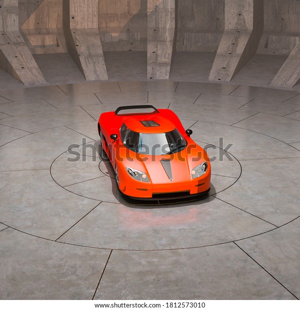 super car with no brand inside the hangar\
top drone view, 3d\
illustration