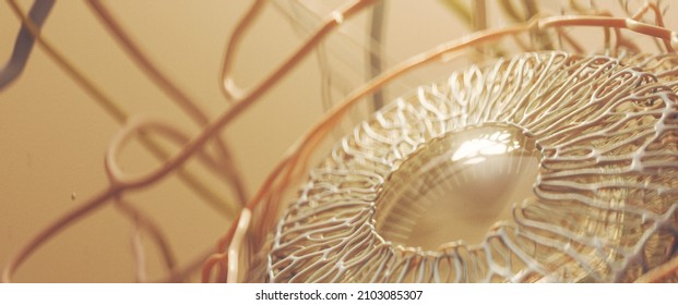 Super Close-up of 3D Rendering Human Eye Anatomy in Gold with Lighting Accents