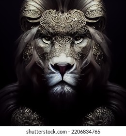 Super Cool Lion King Portrait Wearing Beautiful Armor, 3D Illustration.