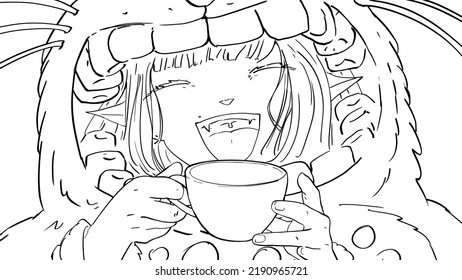 A Super Cute Anime Girl In A Velour Suit With A Monster's Mouth On Her Head, She Laughs Happily Showing Her Vampire Fangs While Holding A Cup Of Cocoa With Shekolade In Her Hands. 2d Casual Comic Art