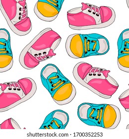子どものスニーカーを使った超かわいい手描きのシームレスな柄 赤ちゃんの靴の無限のテクスチャー のイラスト素材 Shutterstock