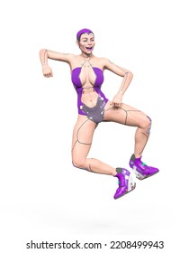 Super Cyborg Girl Is Doing A Happy Dance With A Mocking Face In White Background, 3d Illustration