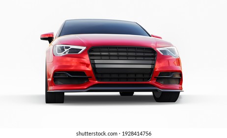 Super fast sports car color red metallic on a white background. Body shape sedan. Tuning is a version of an ordinary family car. 3d rendering