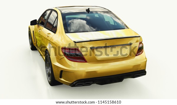 Super fast sports car color gold metallic on a\
white background. Body shape sedan. Tuning is a version of an\
ordinary family car. 3d\
rendering.