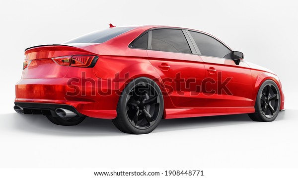 Super fast sports car color red metallic on a\
white background. Body shape sedan. Tuning is a version of an\
ordinary family car. 3d\
rendering.