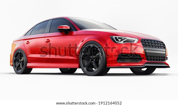 Super fast sports car color red metallic on a\
white background. Body shape sedan. Tuning is a version of an\
ordinary family car. 3d\
rendering