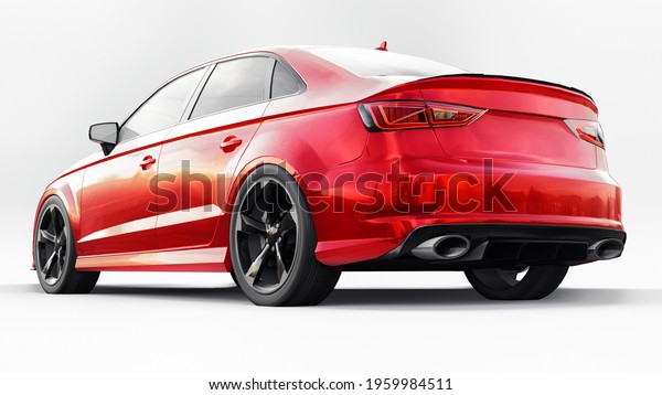Super fast sports car color red metallic on a\
white background. Body shape sedan. Tuning is a version of an\
ordinary family car. 3d\
rendering