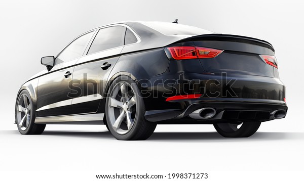 Super fast sports car color black metallic on a\
white background. Body shape sedan. Tuning is a version of an\
ordinary family car. 3d\
rendering